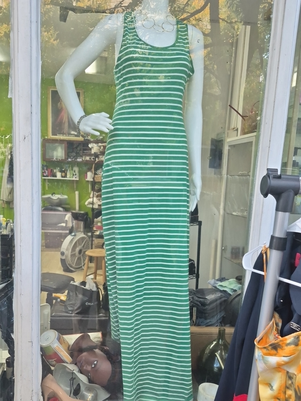 Ya Los Angeles Green and White Striped Maxi Tank Dress